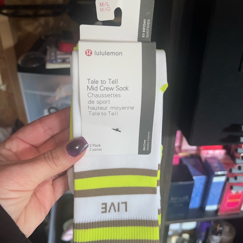 lululemon athletica White and Neon Green Mid Crew Socks